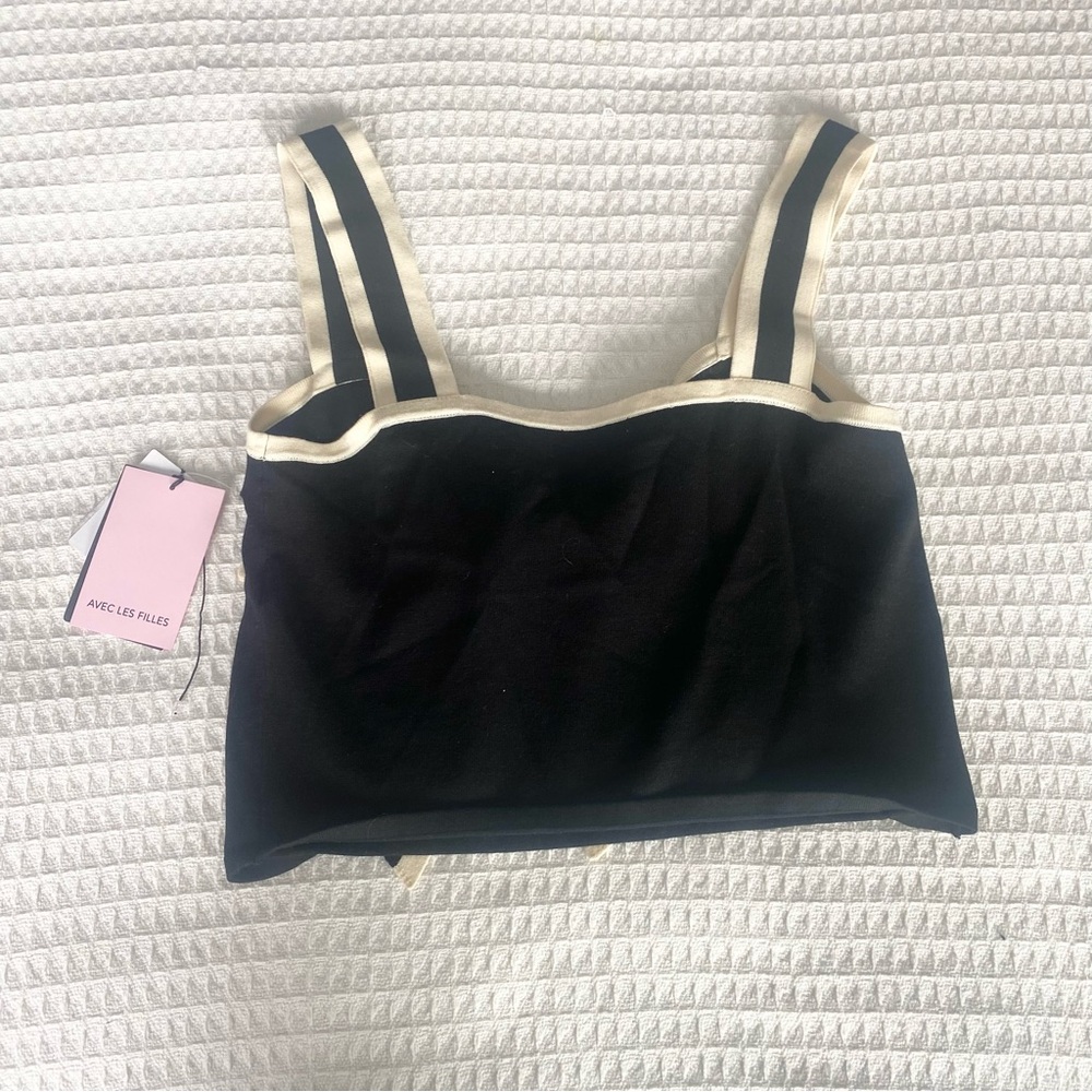 Avec Les Filles Black and Cream Bow Crop Top Large NWT - Picture 6 of 7